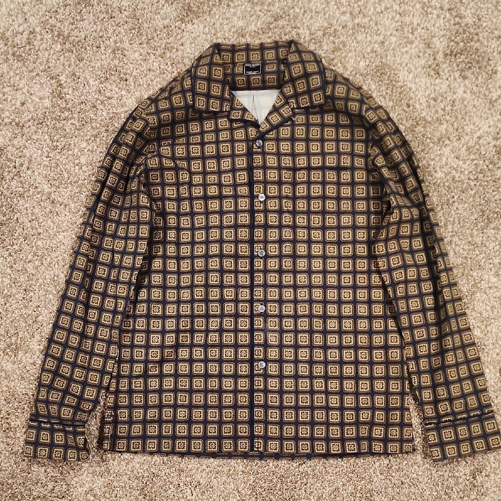 Todd Snyder Men's Button Down Shirt Black and Gold Geometric Pattern